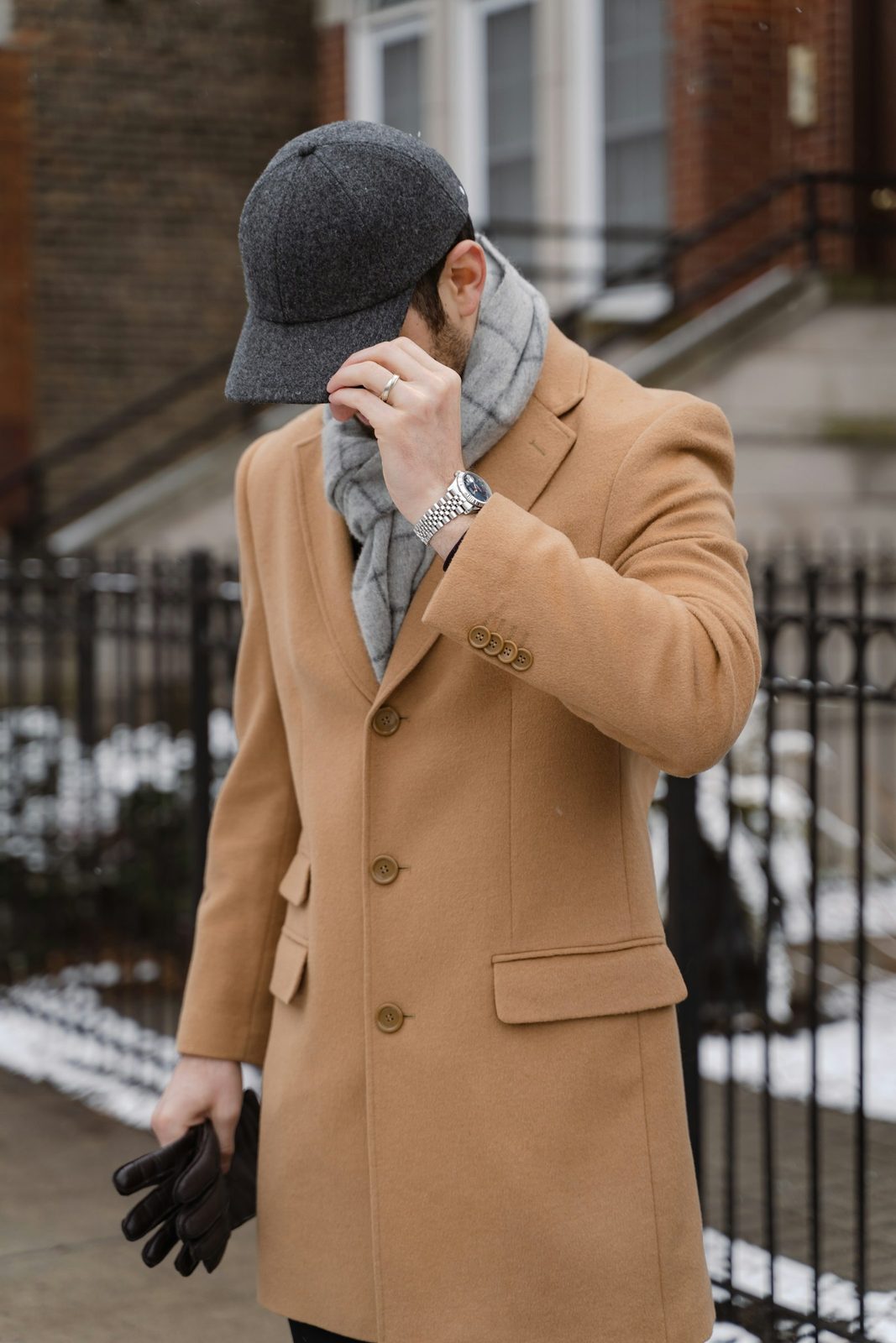 Model in a camel wool overcoat — apparel lookbook photography