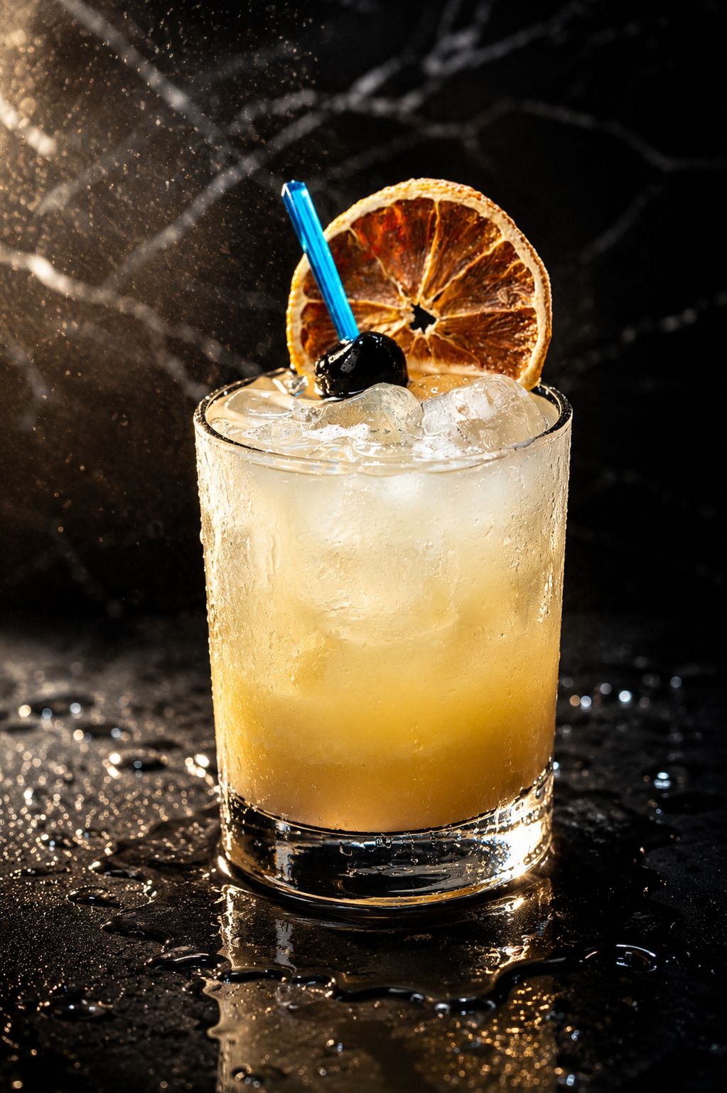 Citrus drink over ice with dried orange garnish, beverage photography