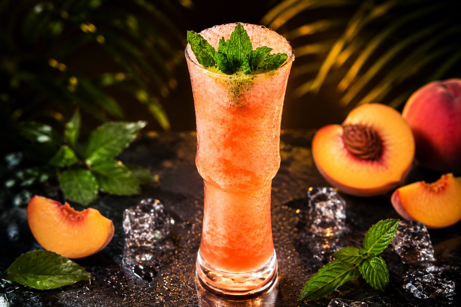 Peach cooler with garnish — beverage photography