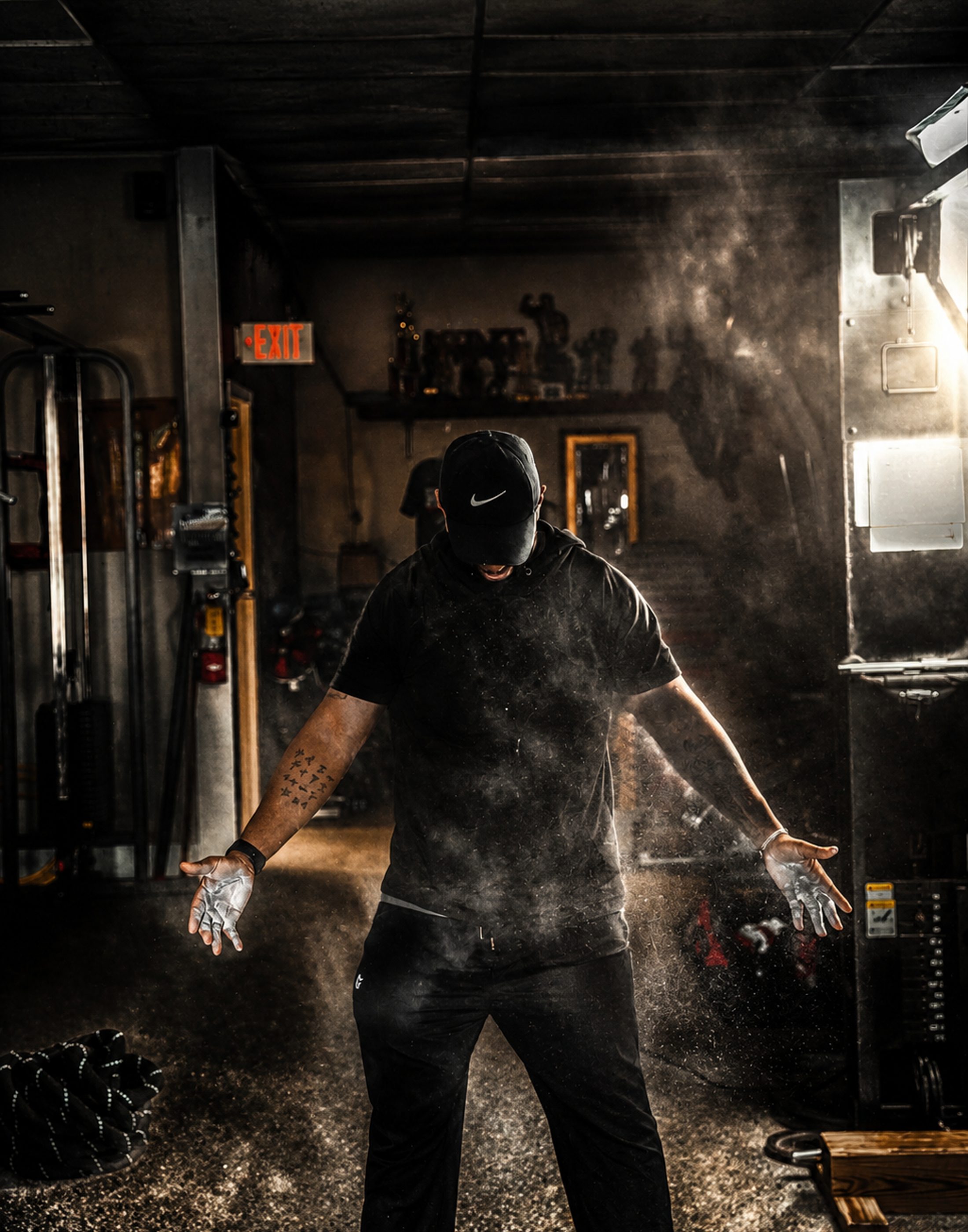 Athlete clapping chalk in a dark gym, fitness facility photography