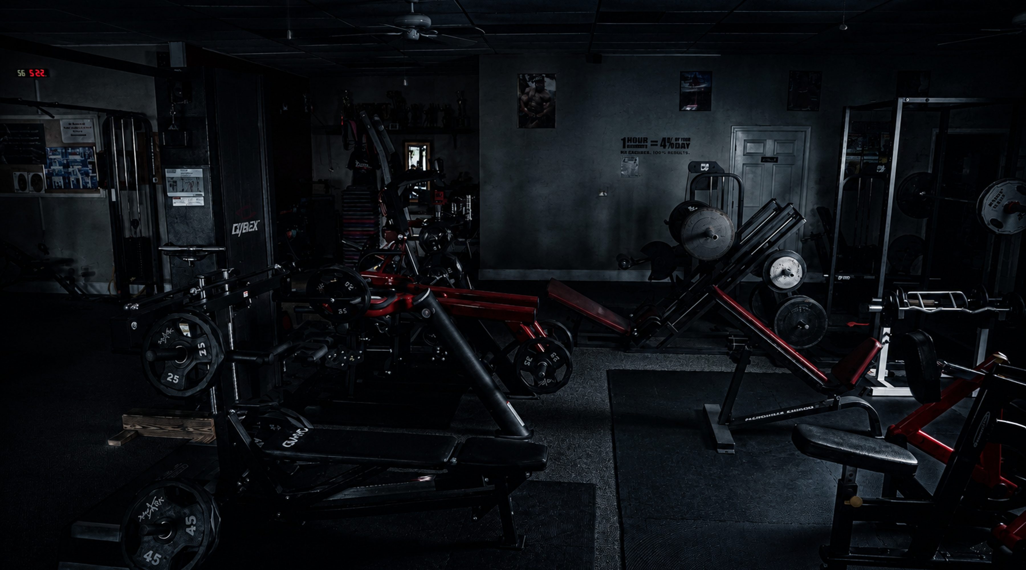 Low-lit training floor, fitness facility photography