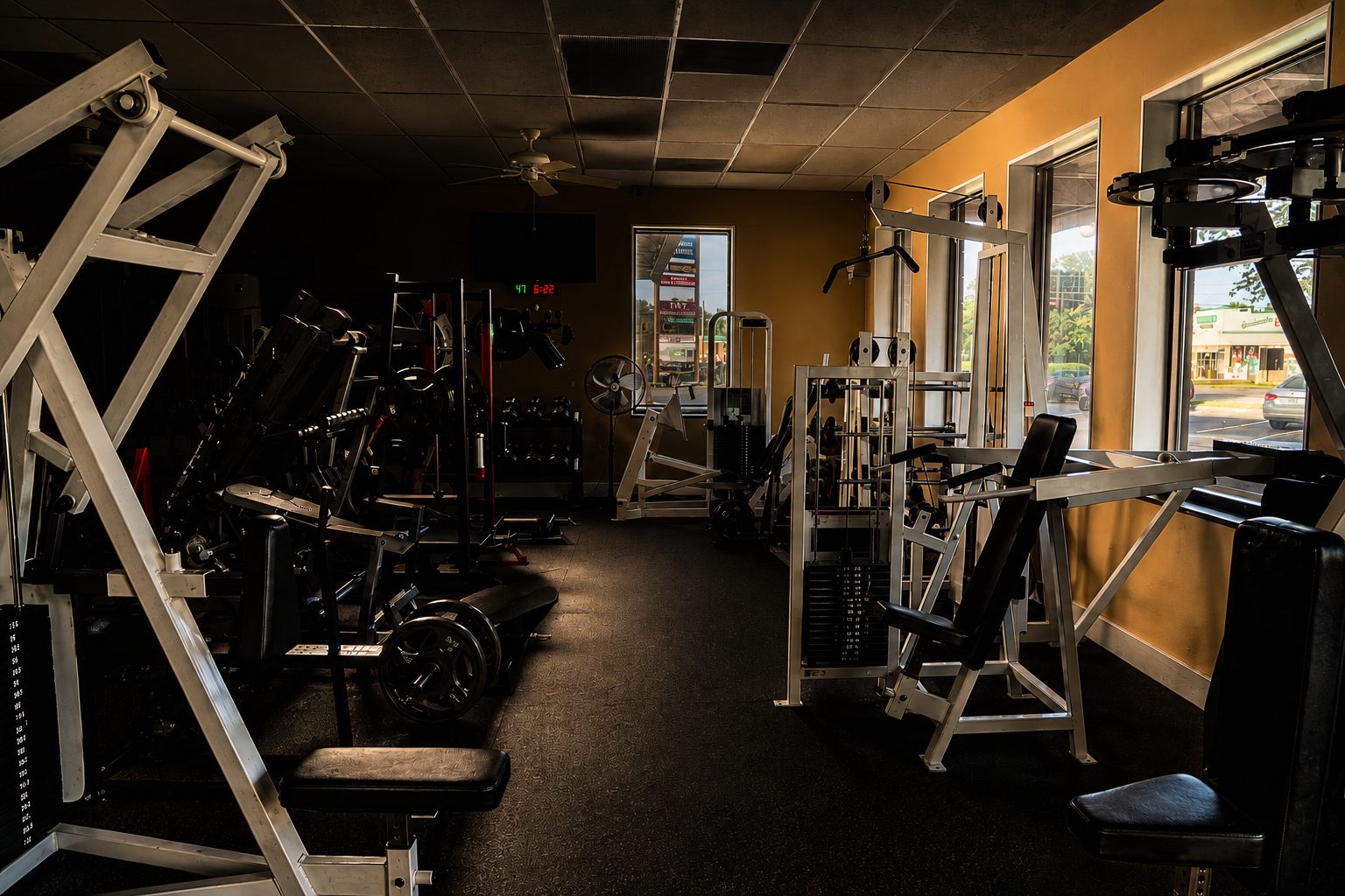 Resistance machines lined along the floor — gym interior photography