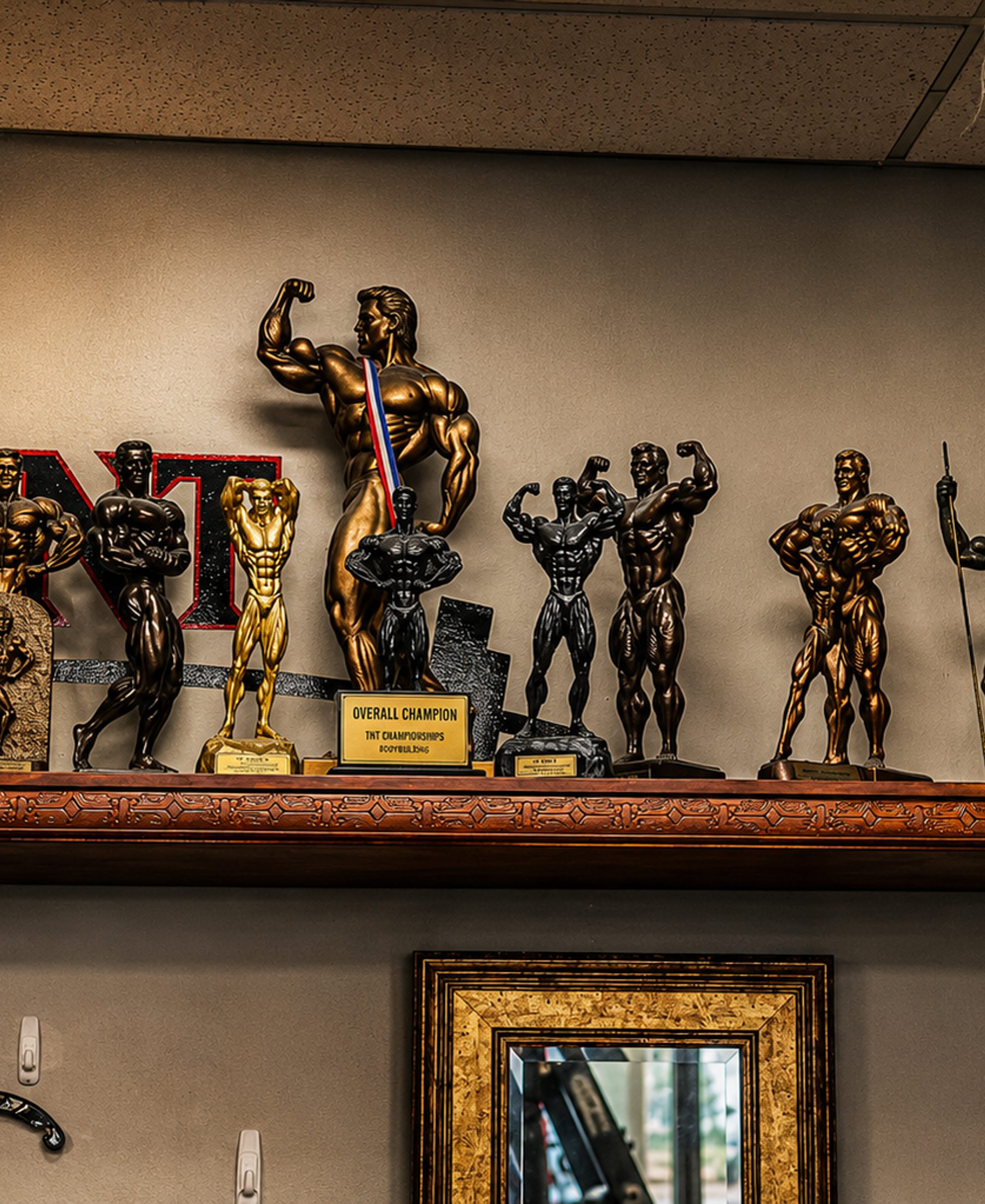 Competition trophies on display, fitness facility photography
