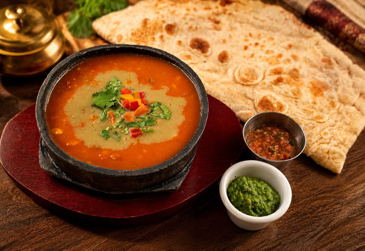 Aden fahsa in a stone bowl with malawah bread — restaurant food photography