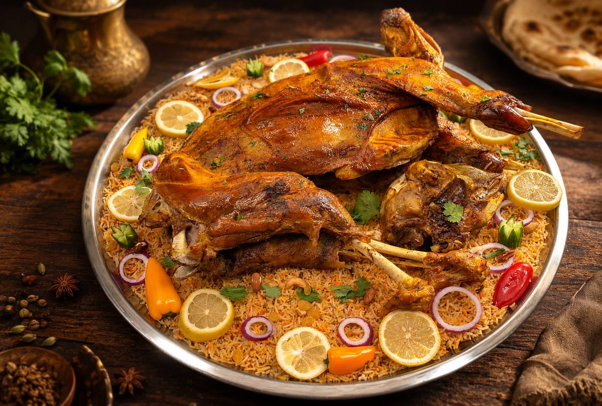 Aden lamb haneeth platter shot at an angle — restaurant food photography