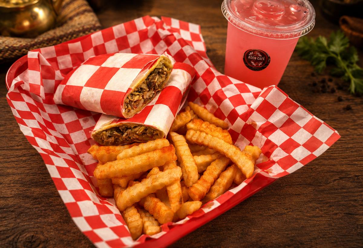 Aden shawarma wrap combo with fries and a drink — restaurant food photography