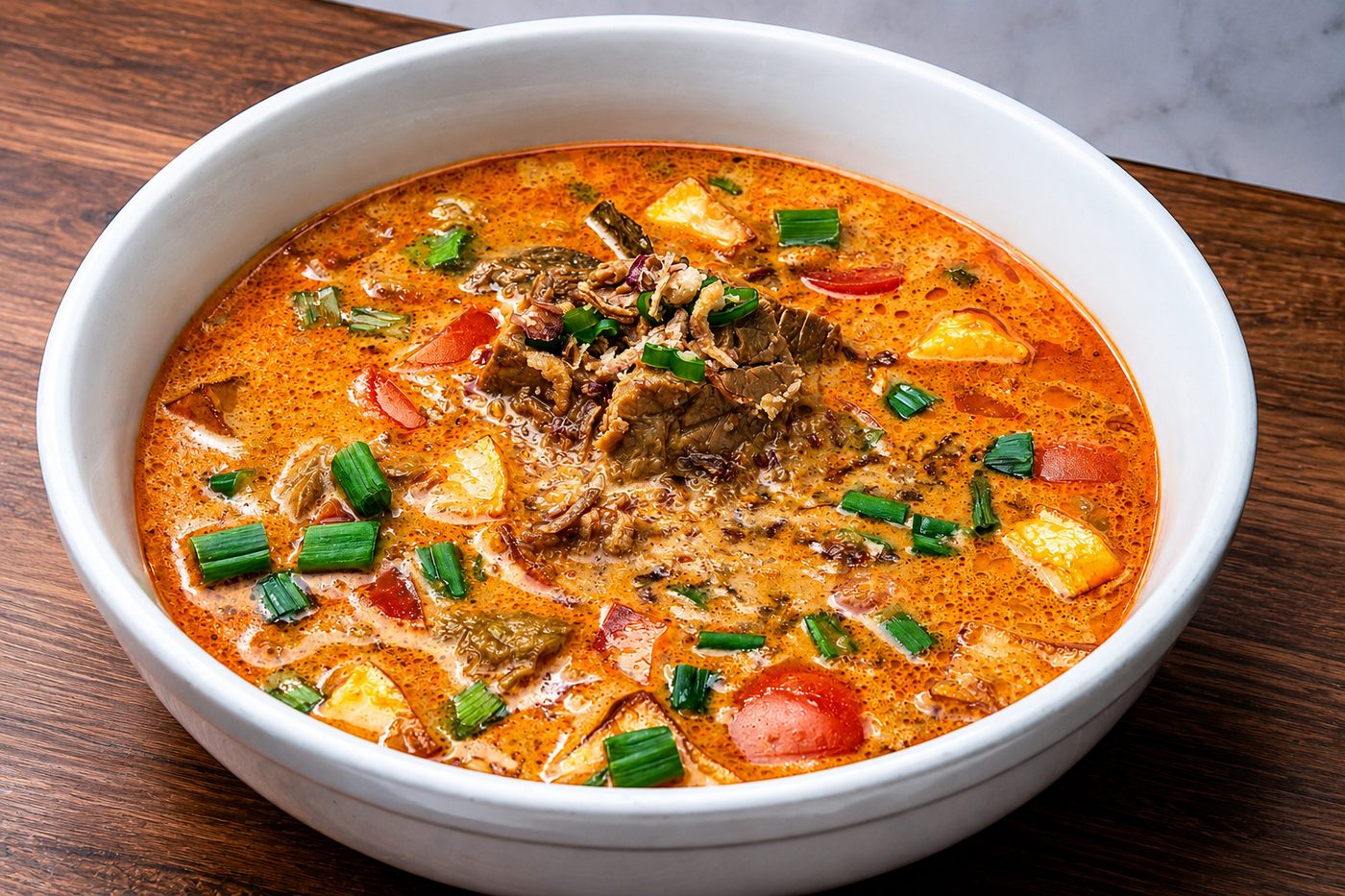 Beef coconut curry soup with scallion and lime — Indonesian restaurant food photography