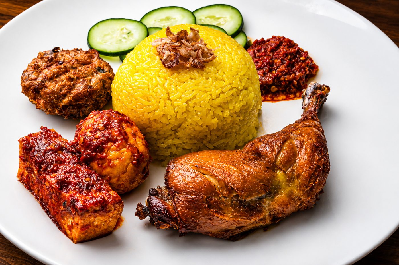 Nasi kuning with roast chicken, tempeh, and sambal — Indonesian restaurant food photography