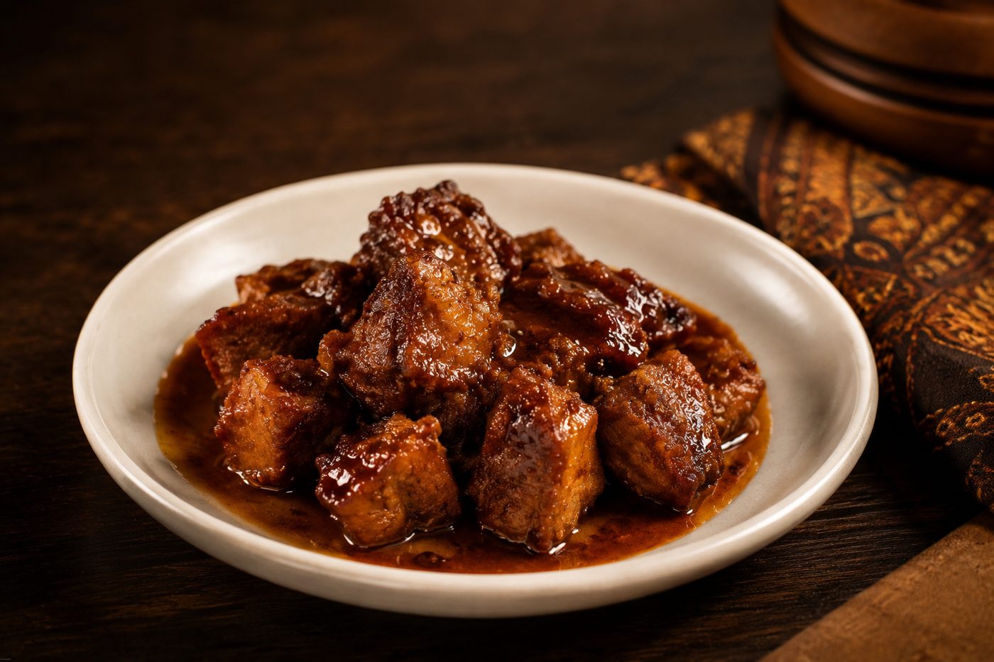 Beef rendang slow-cooked in coconut and spice — Indonesian restaurant food photography
