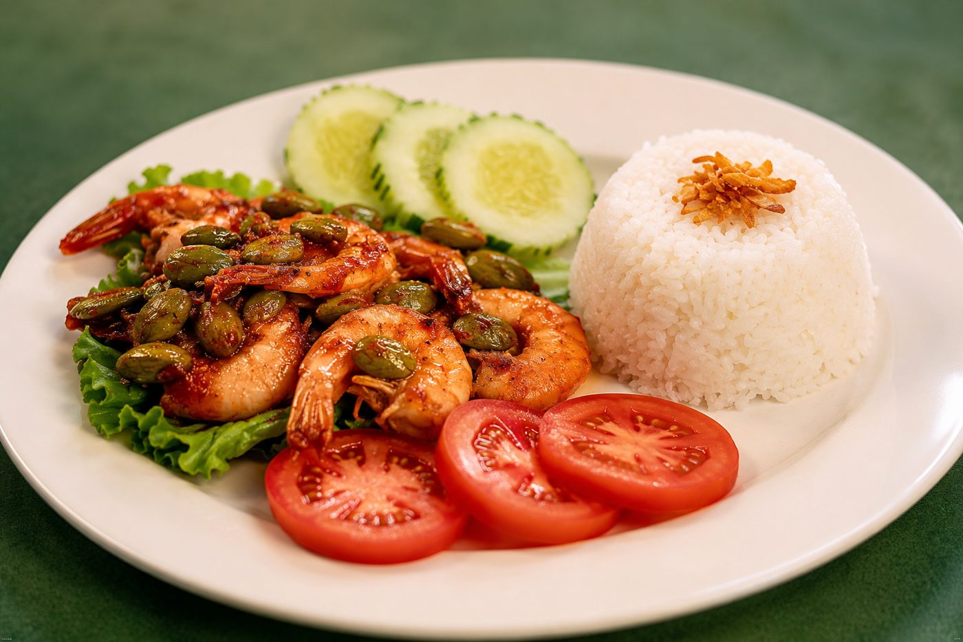 Sambal shrimp with petai beans and steamed rice — Indonesian restaurant food photography