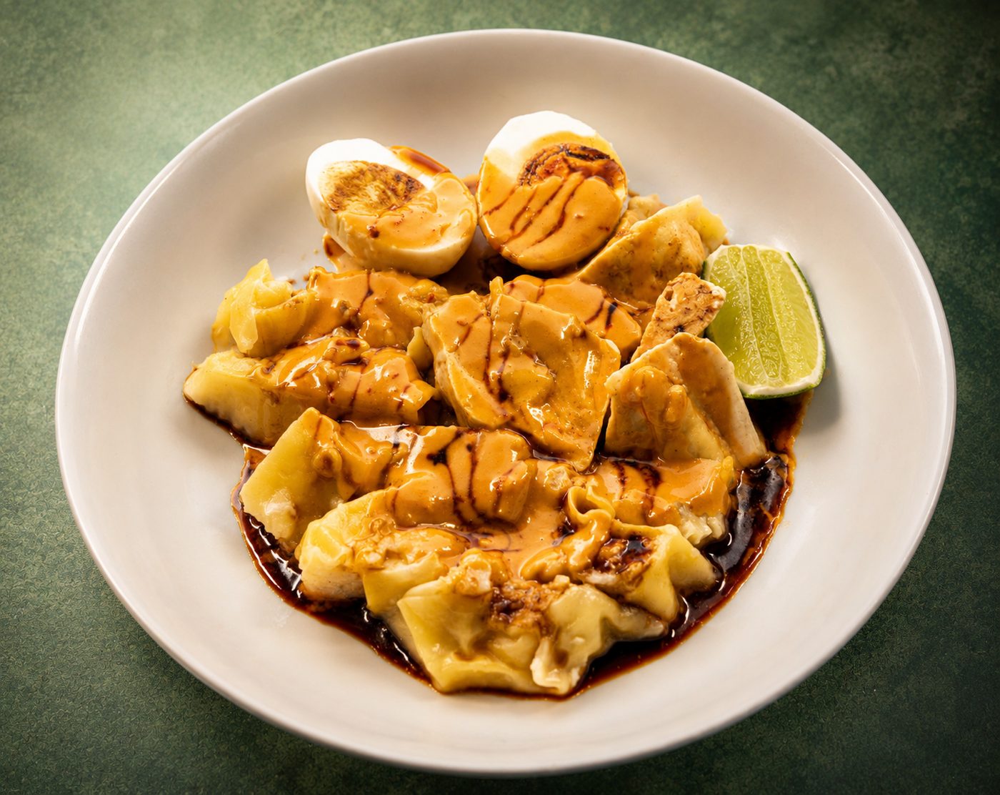 Indonesian siomay dumplings staged with peanut sauce and lime — food photography