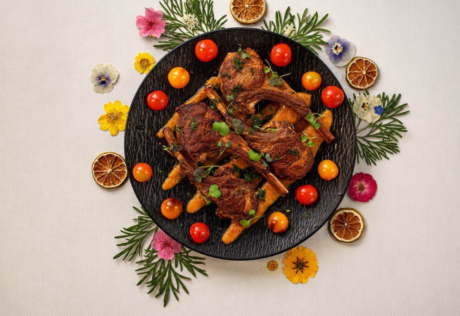 Lamb chops styled with florals, editorial — restaurant brand photography