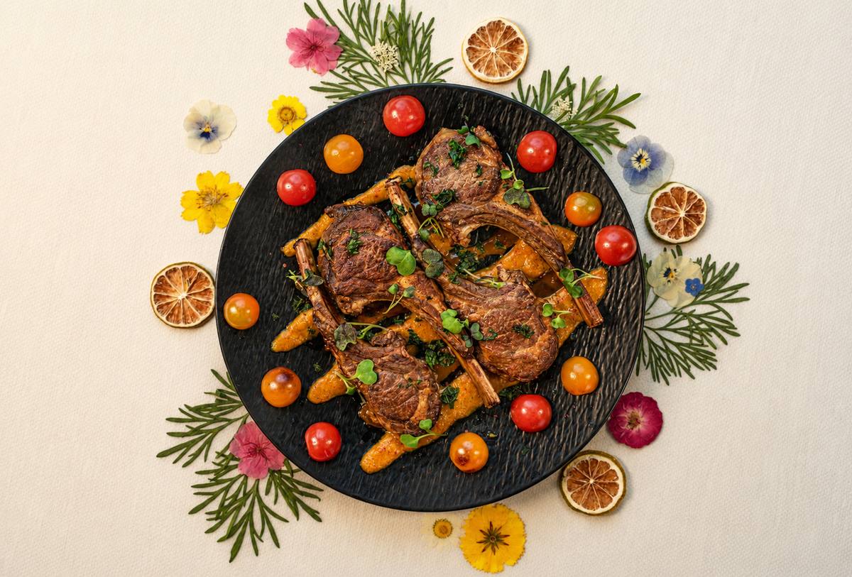 Lamb chops plated with floral styling — editorial food photography