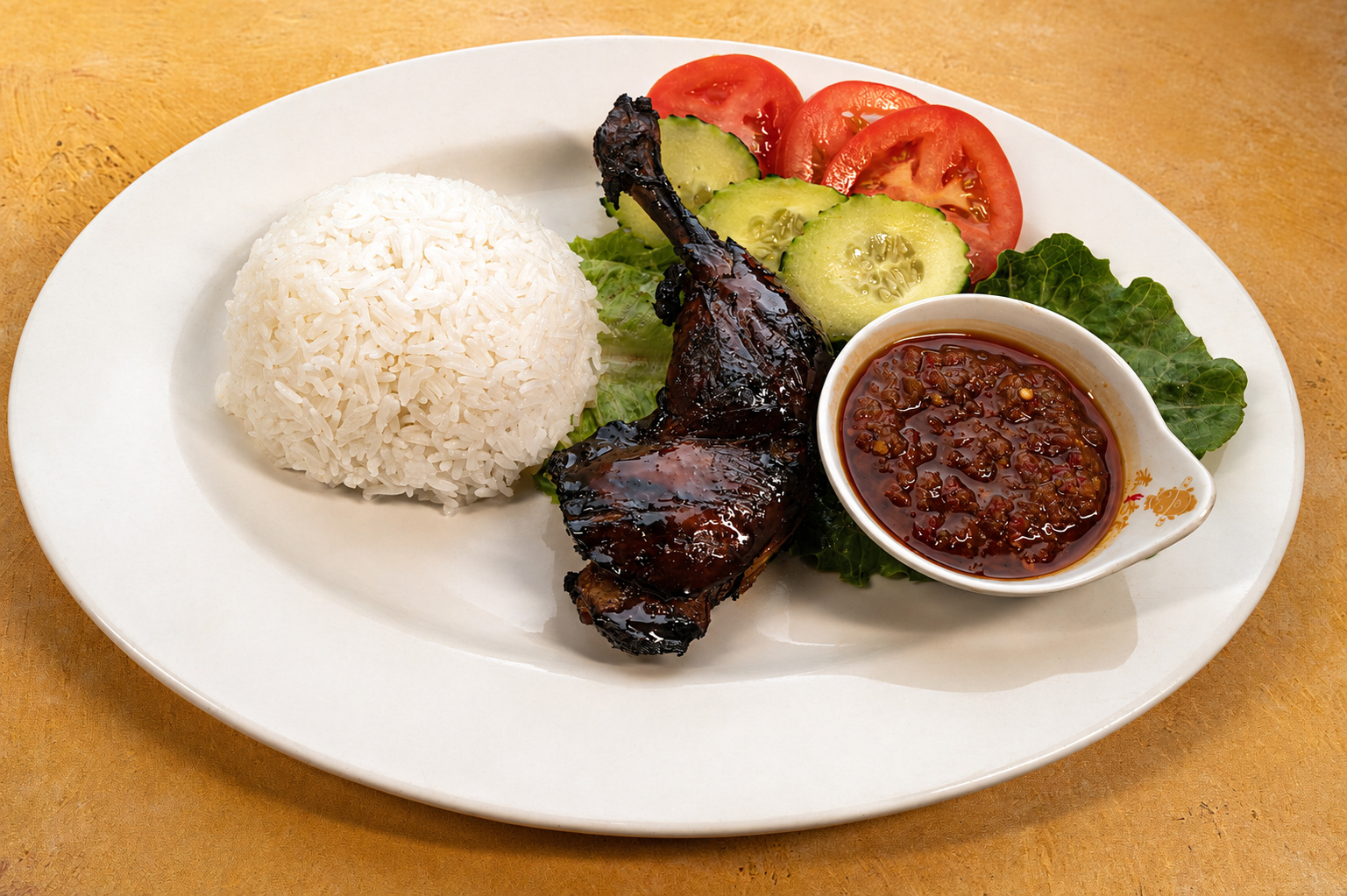 IBU: Ayam bakar, grilled chicken with rice and sambal — Indonesian restaurant food photography