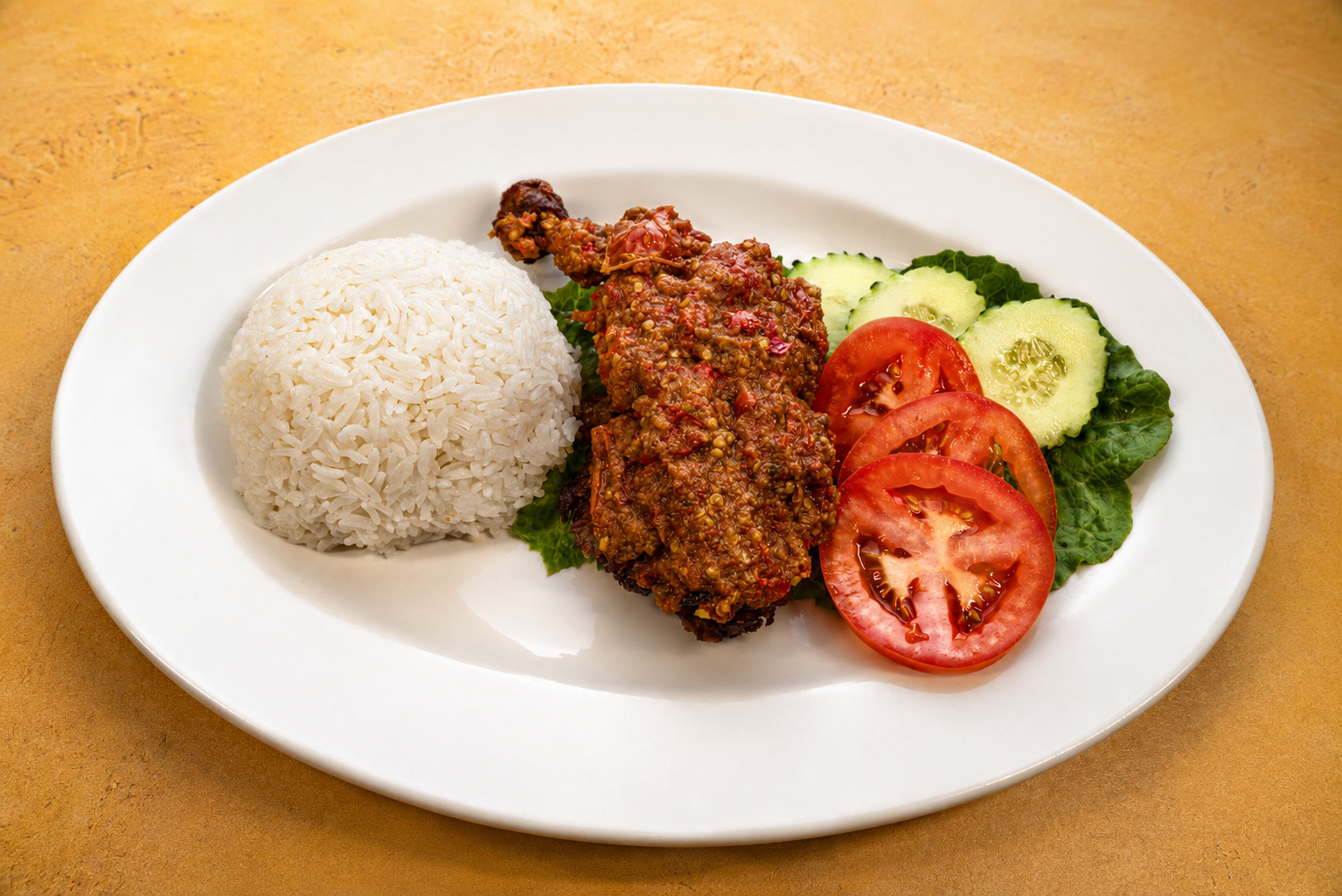 IBU: Ayam penyet, sambal chicken with rice — Indonesian restaurant food photography