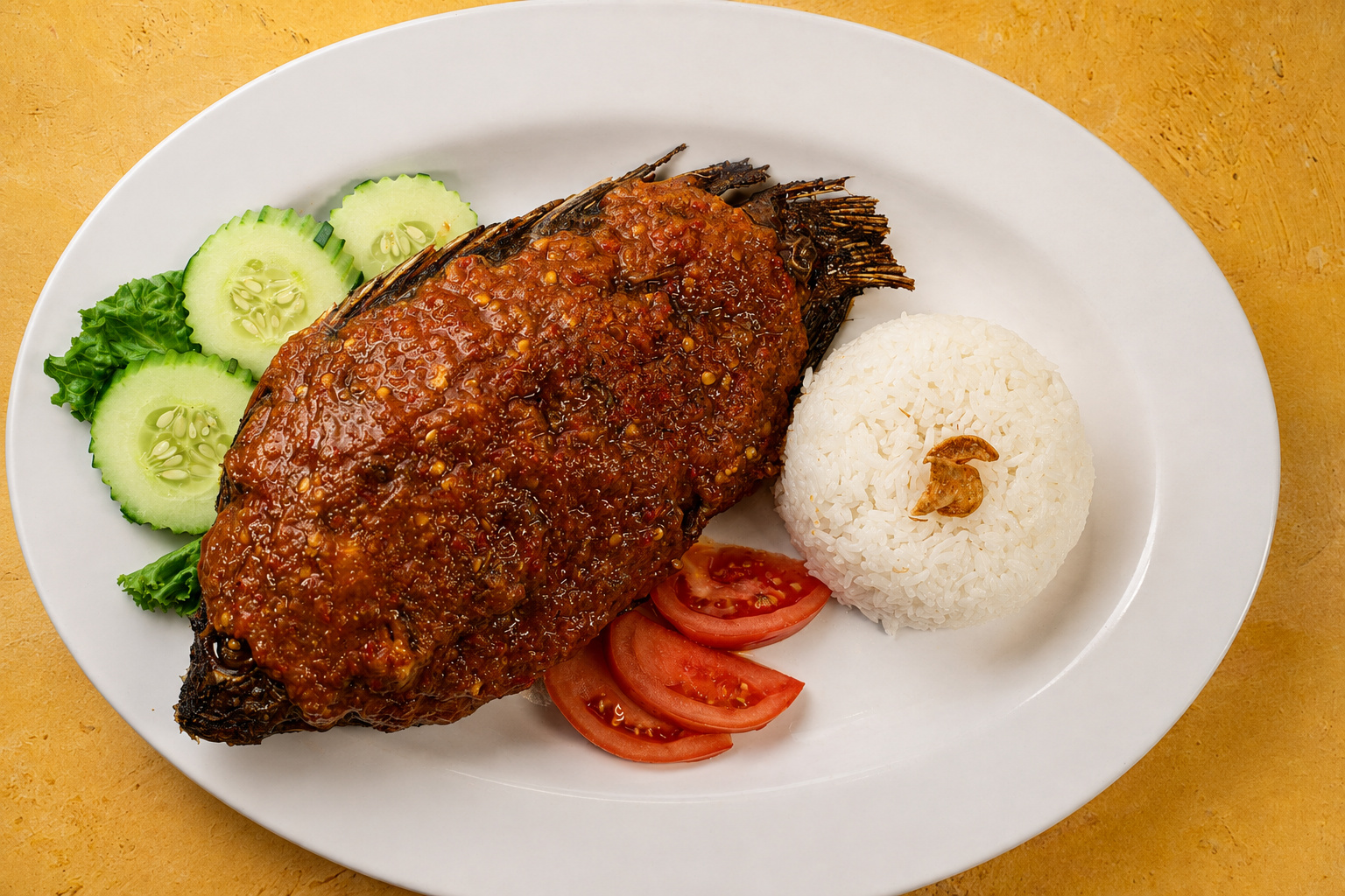 IBU: Ikan balado, tilapia with rice — Indonesian restaurant food photography
